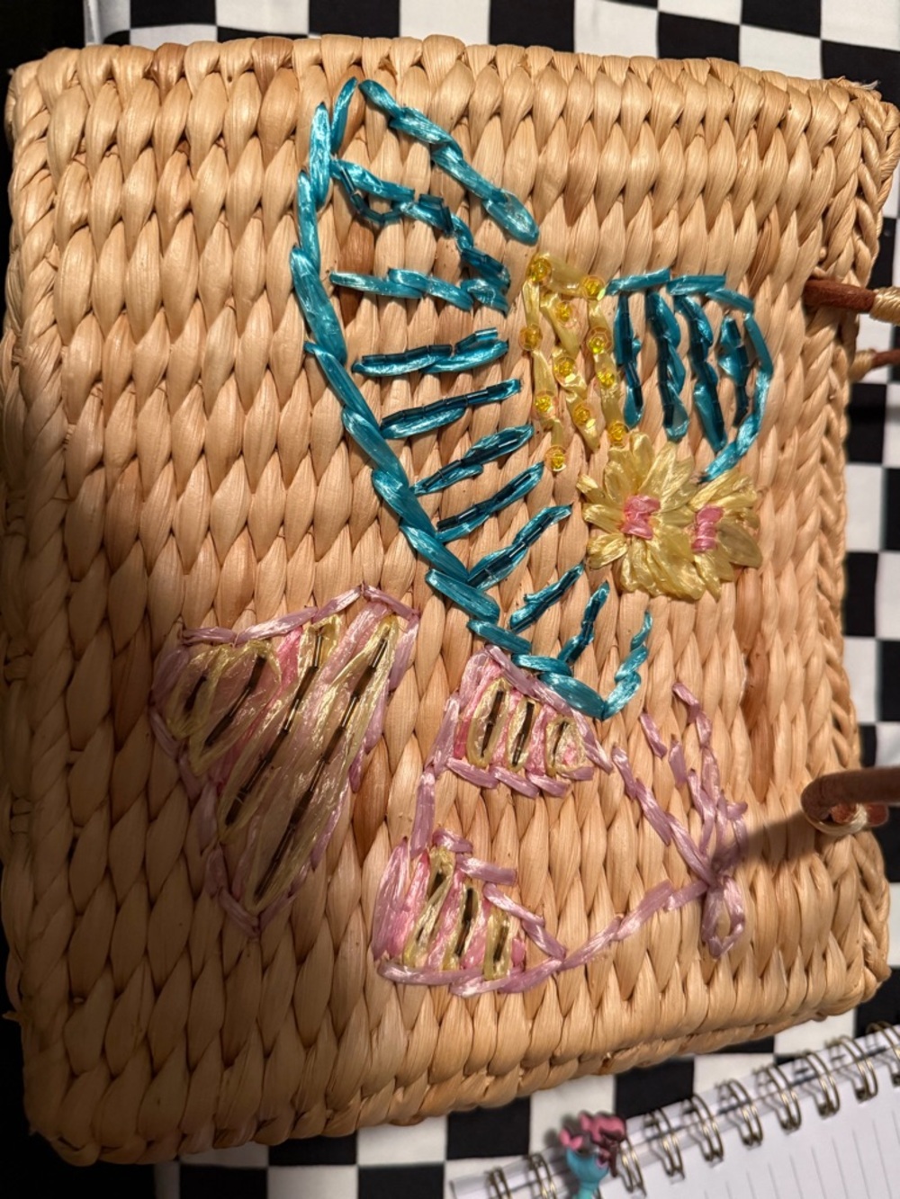 Woven Straw Basket Purse w/ Embroidered Detail & Floral Lining